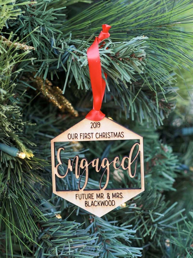 Hexagon First Christmas Engaged Wood Christmas Ornament