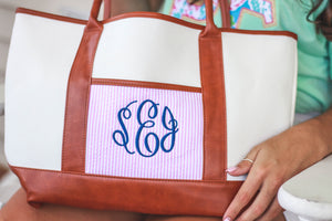 Classic Monogrammed Canvas Seersucker Tote, Accessories, Sunny and Southern, - Sunny and Southern,