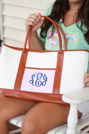 Classic Monogrammed Canvas Seersucker Tote, Accessories, Sunny and Southern, - Sunny and Southern,