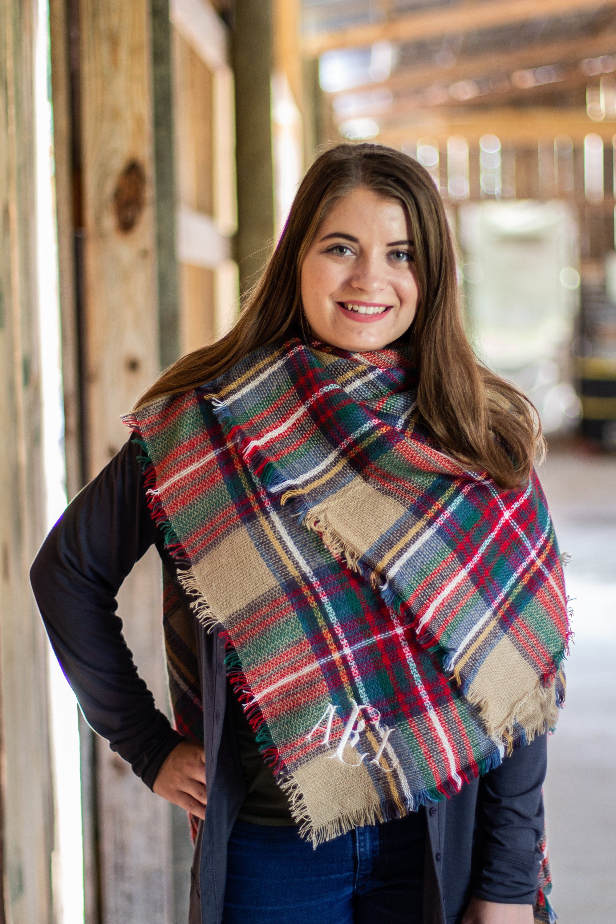 Classic Monogrammed Blanket Scarf, Ladies, Sunny and Southern, - Sunny and Southern,
