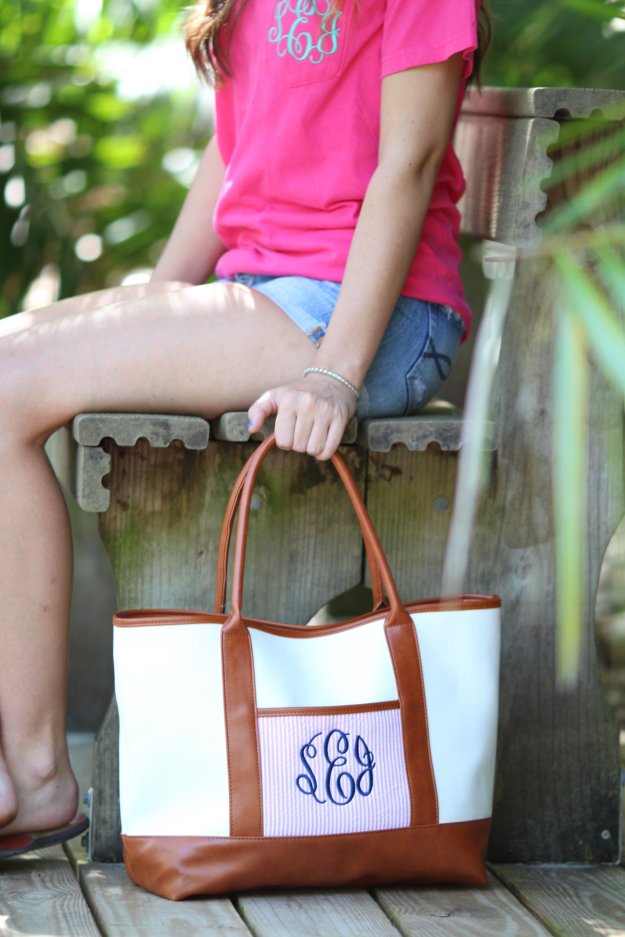 Classic Monogrammed Canvas Seersucker Tote, Accessories, Sunny and Southern, - Sunny and Southern,