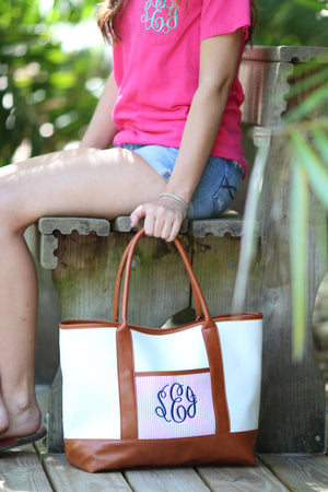 Classic Monogrammed Canvas Seersucker Tote - Sunny and Southern