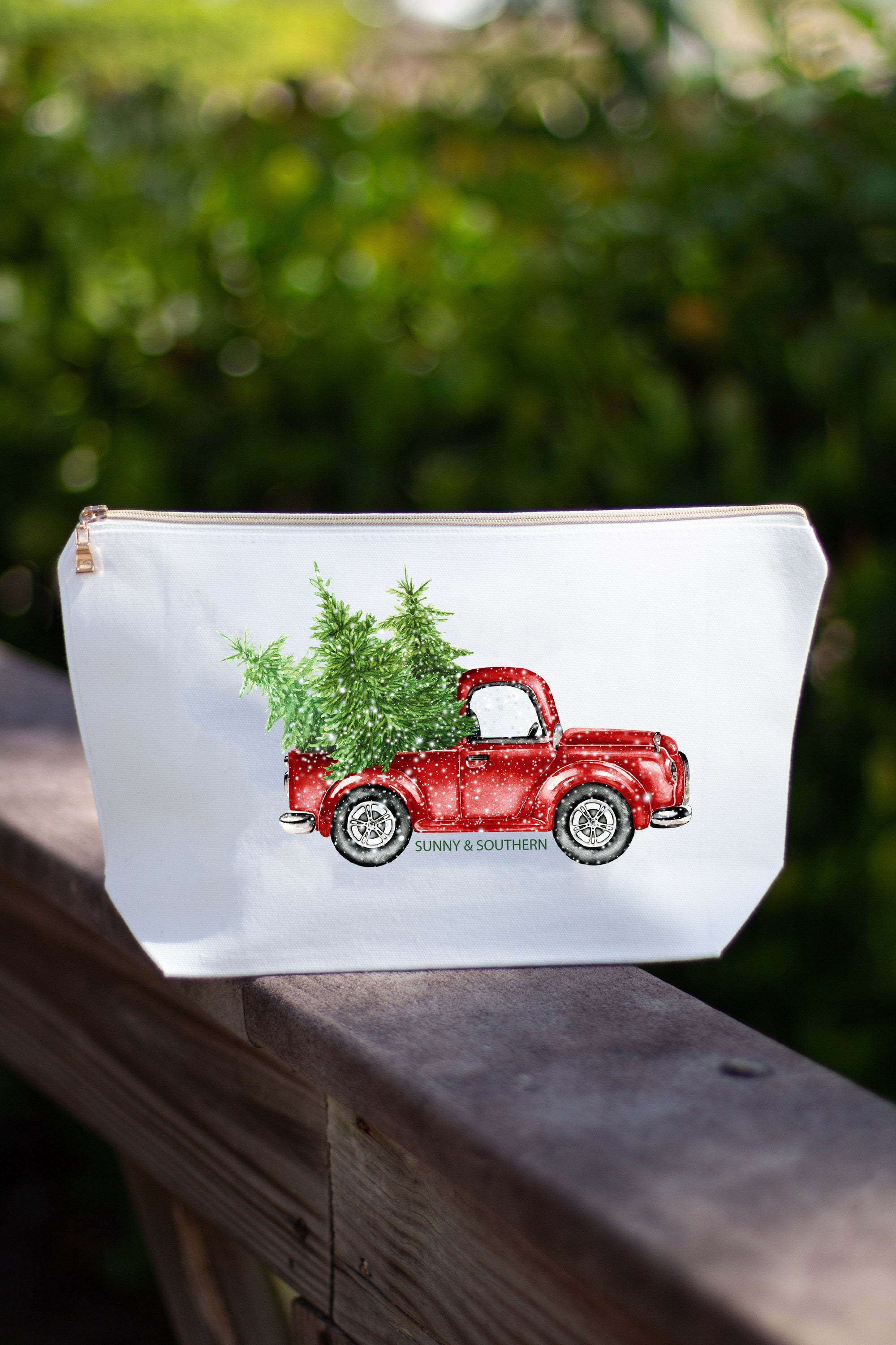 Red Truck Christmas White Canvas Make up Bag w/ Gold Zipper, Accessories, Sunny and Southern, - Sunny and Southern,