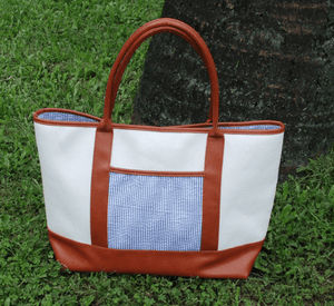 Classic Monogrammed Canvas Seersucker Tote - Sunny and Southern