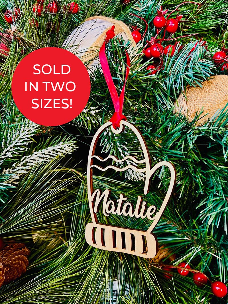 Custom Name Wood Mitten Ornament- Single Name