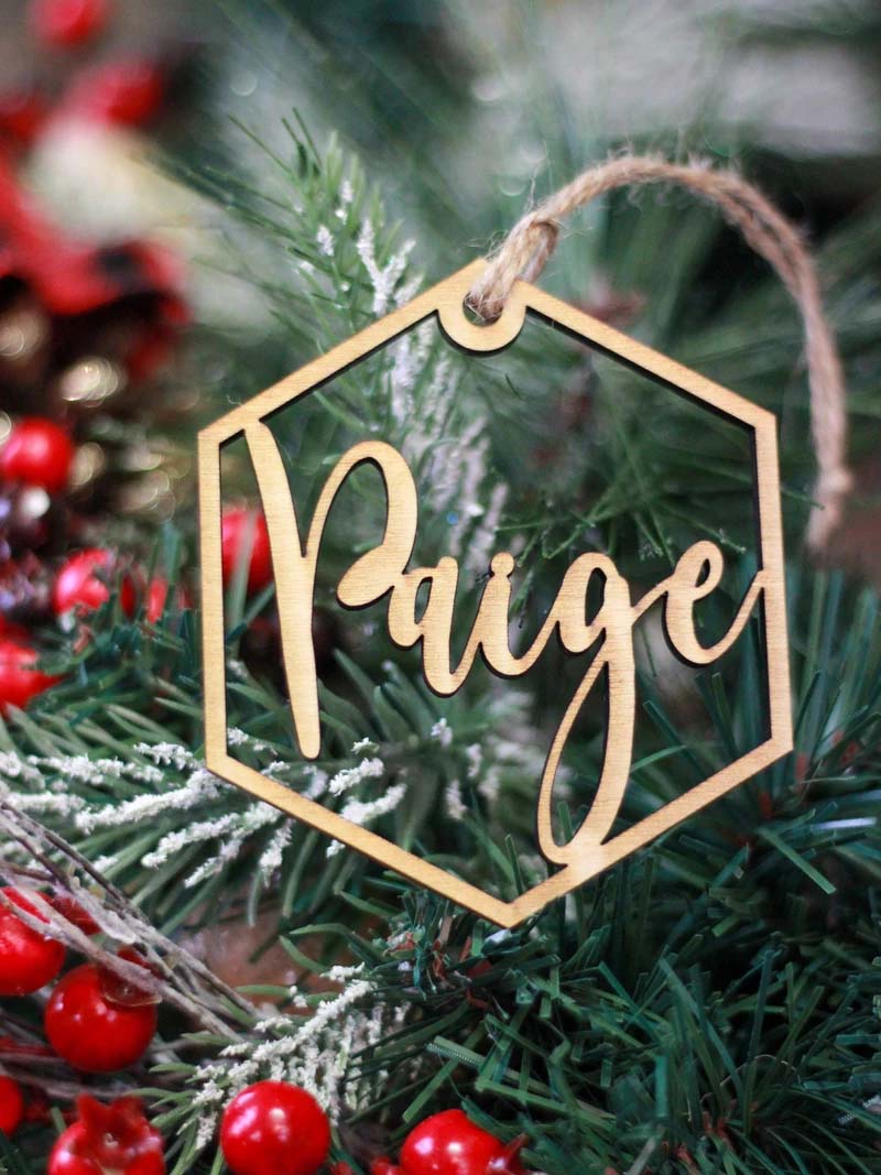 Custom Name Wood Hexagon Ornament- Single Name